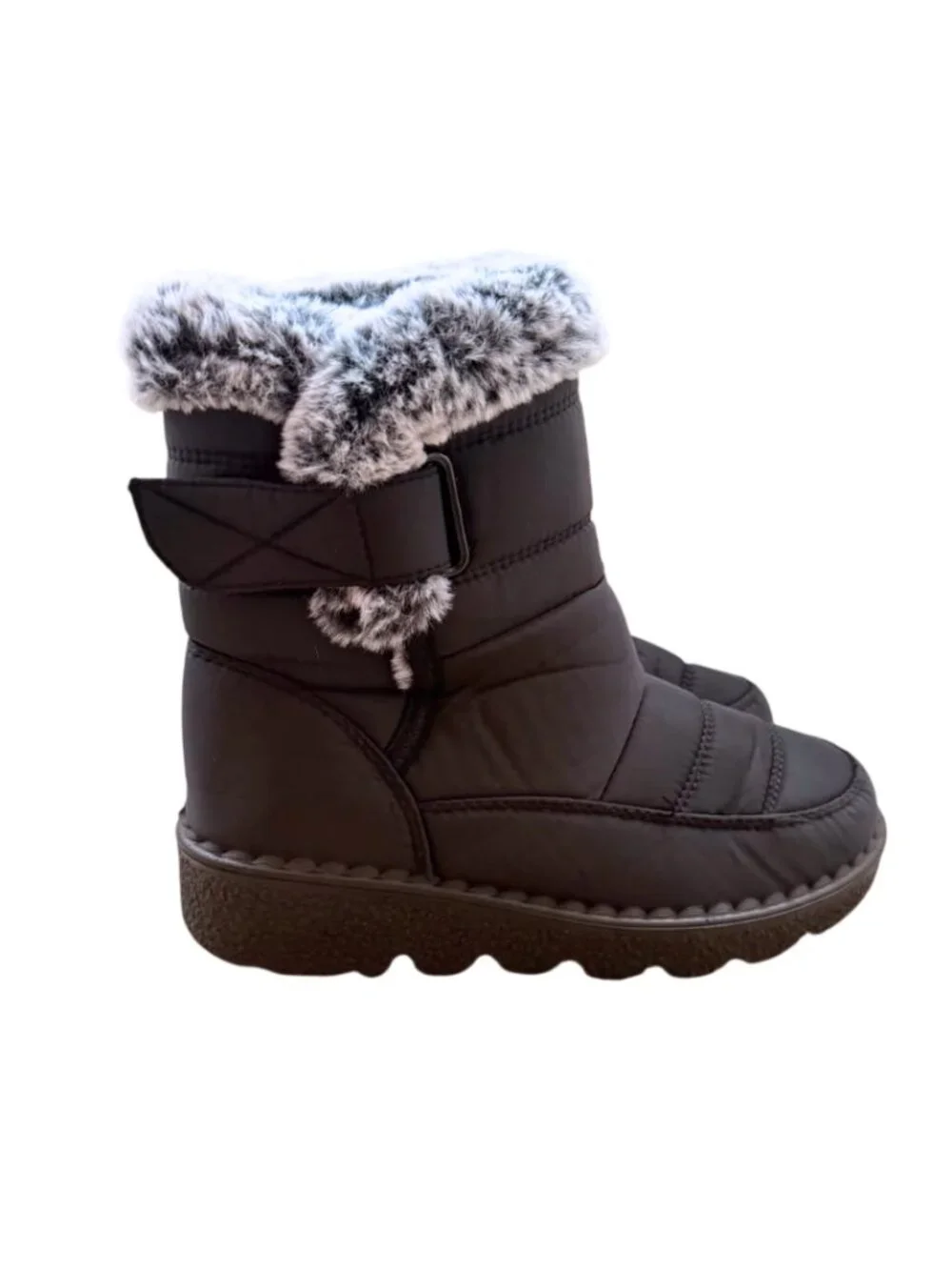 Black Quilted Winter Snow Boots Faux Fur Trim Shoes Size US 5.5 / EU 36